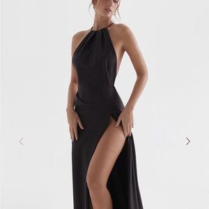 House of CB Black Backless Halter Evening Gown with High Slit